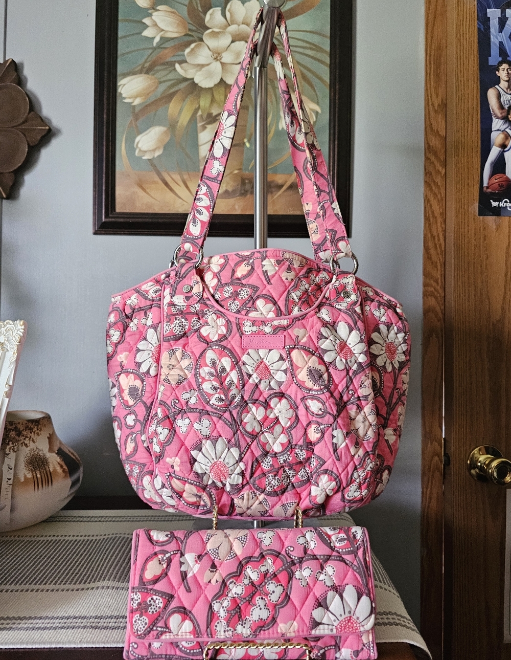 Vera BRADLEY Quilted Pink Floral Tote Bag with Matching Wallet.